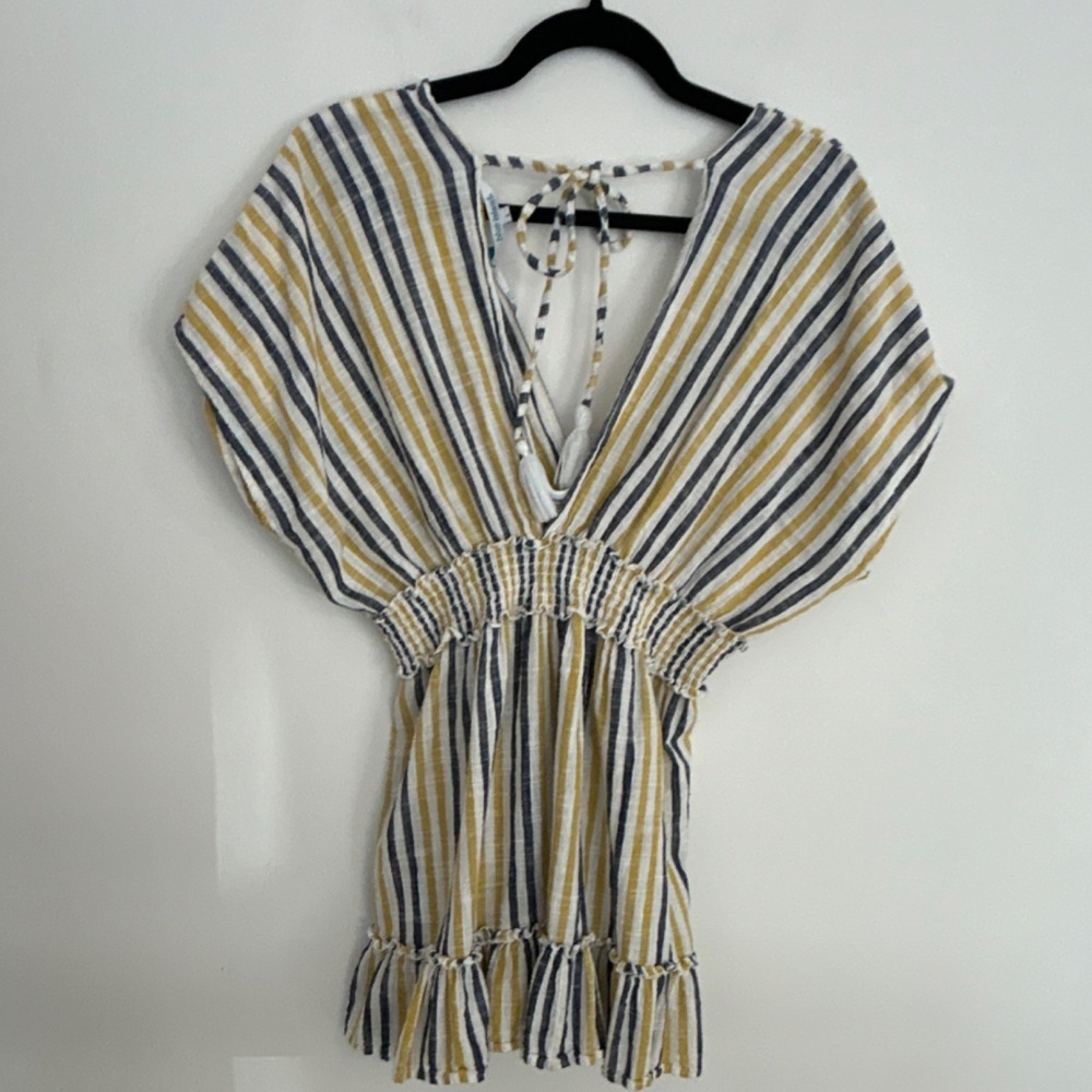 Blue Island Striped Cotton shirt Yellow/Navy/White Tie Closure, L - Picture 4 of 4